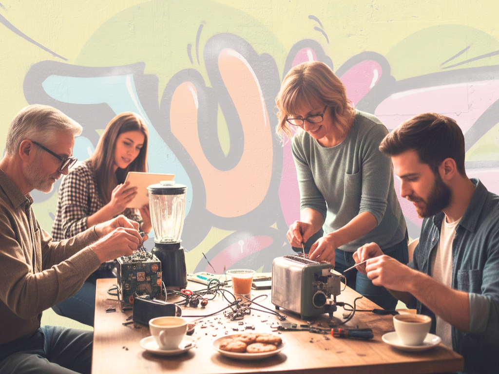 Zwei Männer und zwei Frauen arbeiten gemeinsam im Repair Café an der Reparatur von Elektrogeräten auf einem Holztisch in einer freundlichen Werkstatt-Atmosphäre.