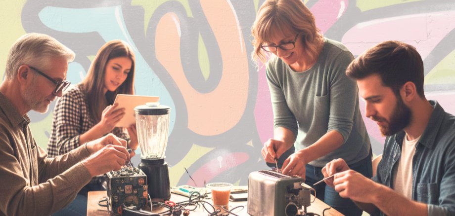 Zwei Männer und zwei Frauen arbeiten gemeinsam im Repair Café an der Reparatur von Elektrogeräten auf einem Holztisch in einer freundlichen Werkstatt-Atmosphäre.