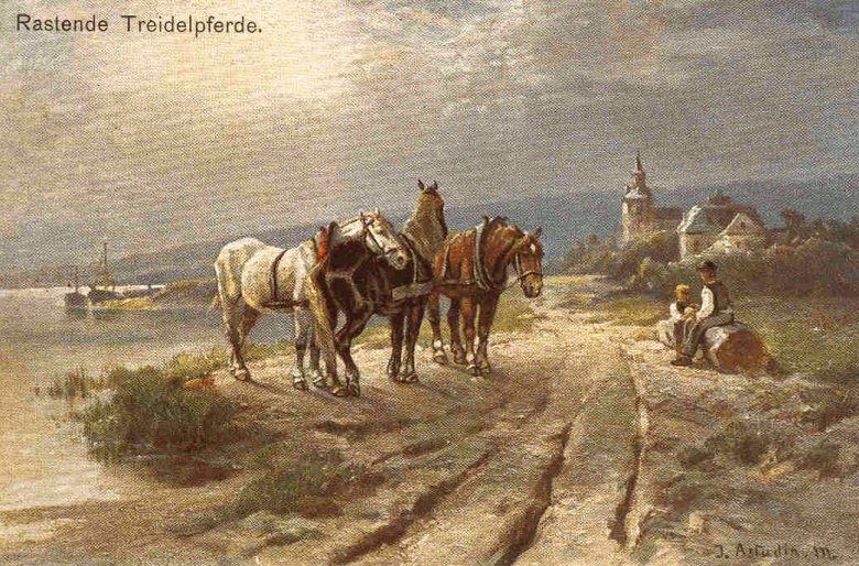 Historische Ansicht: Mehrere Treidelpferde ruhen am Rheinufer neben einem Weg; im Hintergrund sind der Fluss, ein Schiff und eine Ortschaft zu sehen.