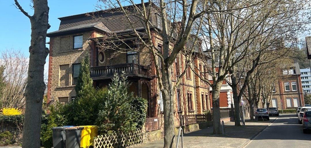 Eine sonnige Straßensicht in Lahnstein mit einer Reihe hochgewachsener, noch weitgehend blattloser Laubbäume entlang des Gehwegs. Im Hintergrund steht ein markantes, mehrstöckiges Backsteingebäude mit dunklem Mansarddach und Balkon. Am Straßenrand parken einige Autos, und der blaue Himmel sorgt für eine klare Frühlingsstimmung.