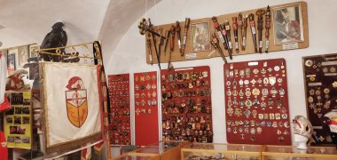 Museumsraum mit Vitrinen und Ausstellungswänden voller Karnevalsorden, Masken und Zepter; daneben eine Fahne und historische Fotos.
