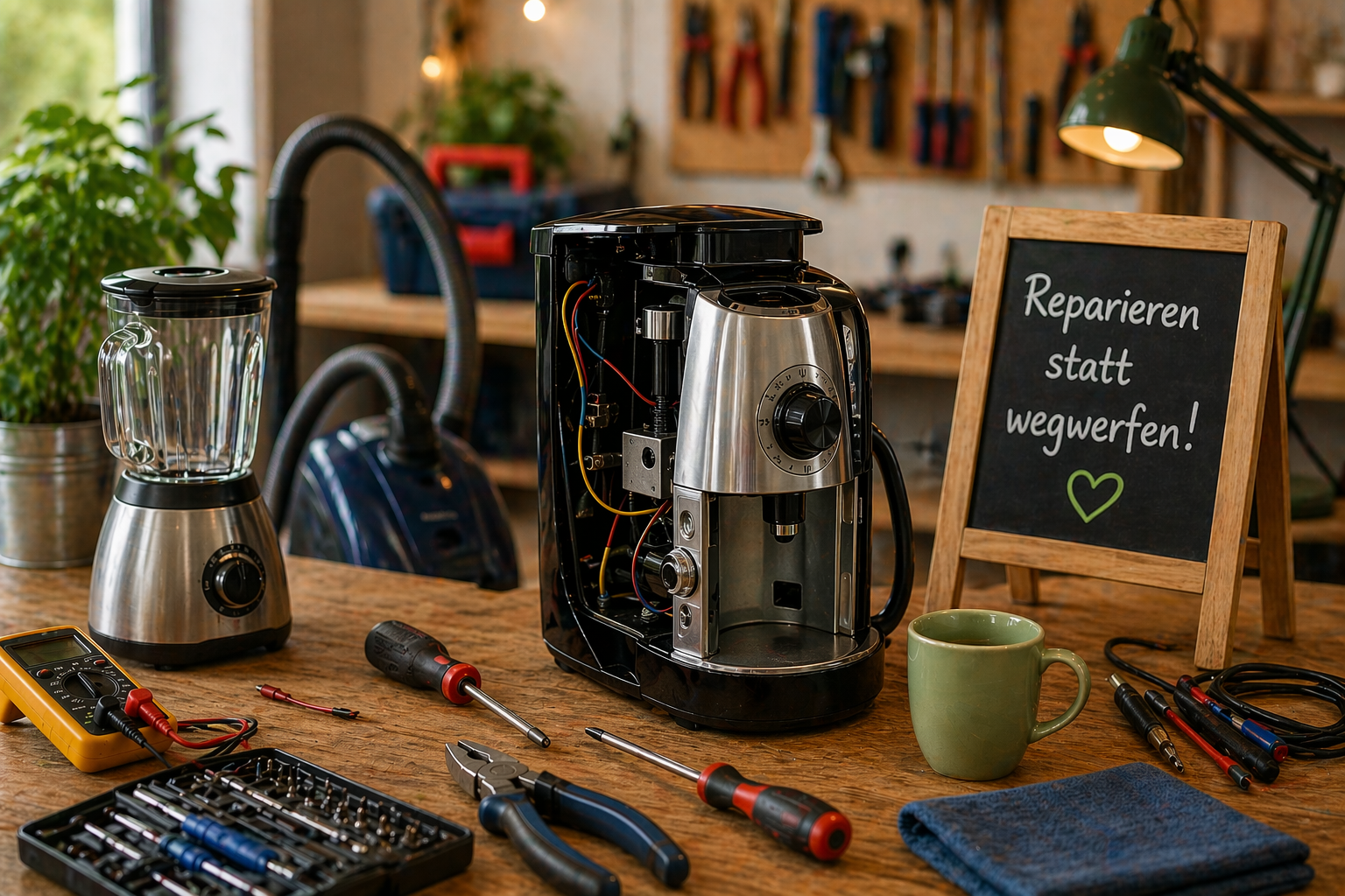 Gemütliche Werkstatt-Szene: Auf einem Holzarbeitstisch stehen eine geöffnete Kaffeemaschine und ein Mixer, umgeben von Werkzeugen wie Schraubendrehern, Zangen und einem Messgerät. Im Hintergrund hängen weitere Werkzeuge an der Wand, während eine Schreibtischlampe warmes Licht spendet. Neben der Kaffeemaschine stehen eine kleine Tafel mit der Aufschrift „Reparieren statt wegwerfen!“ sowie eine grüne Tasse.