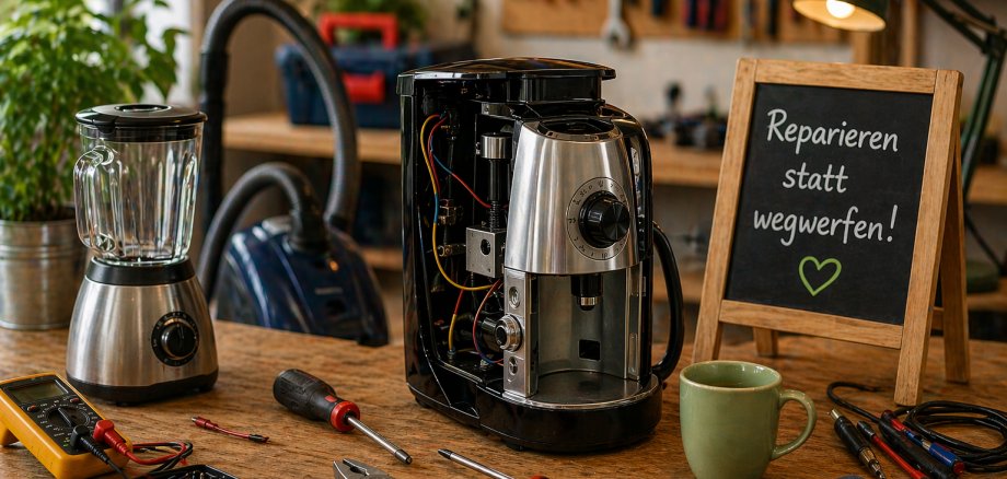Gemütliche Werkstatt-Szene: Auf einem Holzarbeitstisch stehen eine geöffnete Kaffeemaschine und ein Mixer, umgeben von Werkzeugen wie Schraubendrehern, Zangen und einem Messgerät. Im Hintergrund hängen weitere Werkzeuge an der Wand, während eine Schreibtischlampe warmes Licht spendet. Neben der Kaffeemaschine stehen eine kleine Tafel mit der Aufschrift „Reparieren statt wegwerfen!“ sowie eine grüne Tasse.