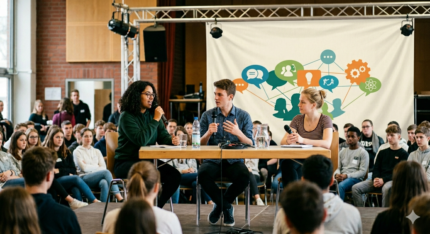 Eine lebendige Podiumsdiskussion in einem hellen Saal mit Backsteinwand. Im Vordergrund sitzt ein Publikum aus jungen Menschen, die einer Bühne zugewandt sind. Auf der Bühne sitzen drei Jugendliche an einem Holztisch und diskutieren konzentriert mit Mikrofonen in den Händen. Im Hintergrund hängt ein großes, helles Banner, das bunte, grafische Symbole wie Sprechblasen, Zahnräder und Glühbirnen zeigt, die durch Linien miteinander vernetzt sind.