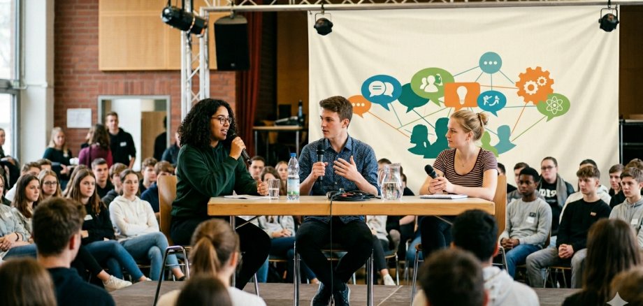 Zukunft im Fokus: Jugendliche laden Politiker zur Podiumsdiskussion Eine lebendige Podiumsdiskussion in einem hellen Saal mit Backsteinwand. Im Vordergrund sitzt ein Publikum aus jungen Menschen, die einer Bühne zugewandt sind. Auf der Bühne sitzen drei Jugendliche an einem Holztisch und diskutieren konzentriert mit Mikrofonen in den Händen. Im Hintergrund hängt ein großes, helles Banner, das bunte, grafische Symbole wie Sprechblasen, Zahnräder und Glühbirnen zeigt, die durch Linien miteinander vernetzt sind.