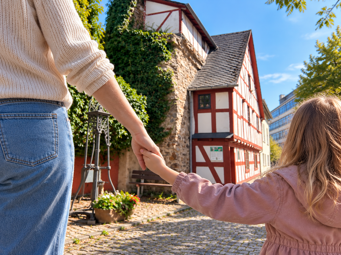Eine erwachsene Person und ein Kind sind von hinten zu sehen und halten sich an den Händen. Im Hintergrund stehen das historische Lahnsteiner Stadtmauerhäuschen mit rot-weißem Fachwerk sowie eine teilweise mit Efeu bewachsene Stadtmauer. Links befinden sich eine historische Wasserpumpe, eine Bank und ein bepflanzter Kübel. Der Weg ist mit Kopfsteinpflaster befestigt.