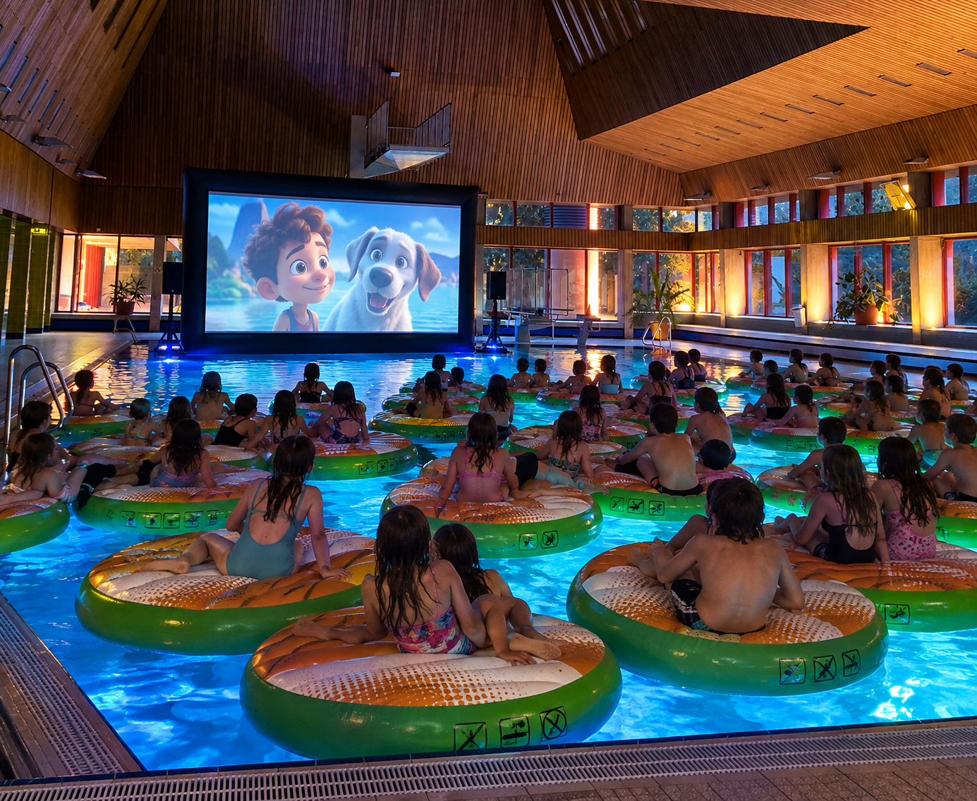 Blick in ein Hallenbad mit zahlreichen Kindern, die in großen grünen Schwimmreifen im Wasser sitzen. Am Beckenrand steht eine große Leinwand, auf der ein animierter Film mit einem Jungen und einem Hund zu sehen ist. Der Raum ist stimmungsvoll beleuchtet.