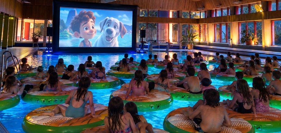 AquaMovie im Hallenbad Lahnstein Blick in ein Hallenbad mit zahlreichen Kindern, die in großen grünen Schwimmreifen im Wasser sitzen. Am Beckenrand steht eine große Leinwand, auf der ein animierter Film mit einem Jungen und einem Hund zu sehen ist. Der Raum ist stimmungsvoll beleuchtet.