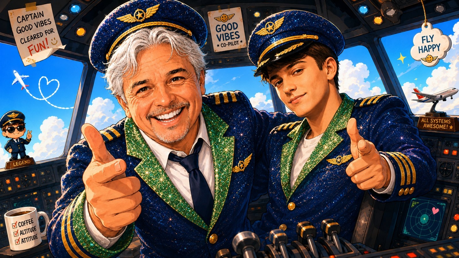Bunte Illustration zum Musical „Lahnrock Airways“. Zwei lächelnde Männer in glitzernden blau-grünen Pilotenuniformen und Kapitänsmützen sitzen im Cockpit eines Flugzeugs und zeigen mit den Fingern in Richtung Betrachter. Durch die Fenster sind ein blauer Himmel mit Wolken und Flugzeuge zu sehen. Humorvolle englische Sprüche und kleine dekorative Elemente ergänzen das Motiv.