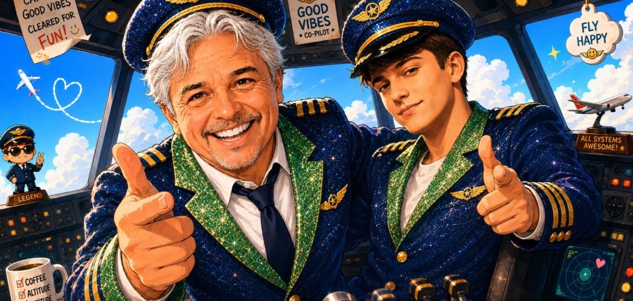 Lahnrock Airways Bunte Illustration zum Musical „Lahnrock Airways“. Zwei lächelnde Männer in glitzernden blau-grünen Pilotenuniformen und Kapitänsmützen sitzen im Cockpit eines Flugzeugs und zeigen mit den Fingern in Richtung Betrachter. Durch die Fenster sind ein blauer Himmel mit Wolken und Flugzeuge zu sehen. Humorvolle englische Sprüche und kleine dekorative Elemente ergänzen das Motiv.