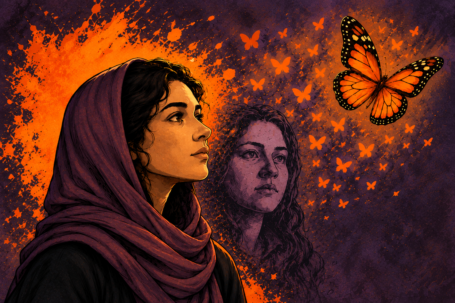 Illustration zweier Frauen vor einem dunkelvioletten Hintergrund mit leuchtend orangefarbenen Farbspritzern. Links ist eine Frau im Profil mit einem dunkelvioletten Kopftuch zu sehen, die nach rechts oben blickt. Hinter ihr erscheint das größere, in Violett gehaltene Porträt einer zweiten Frau. Rechts oben fliegt ein großer orange-schwarzer Schmetterling, umgeben von zahlreichen kleineren orangefarbenen Schmetterlingssilhouetten.