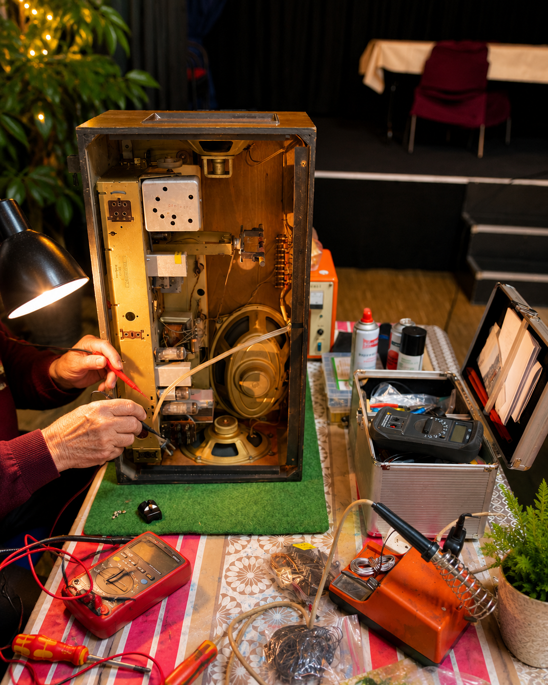 Eine Person überprüft mit Messgeräten das geöffnete Innenleben eines älteren Radios. Auf dem Arbeitstisch liegen verschiedene Werkzeuge und Geräte, darunter Multimeter, Schraubendreher und eine Lötstation.