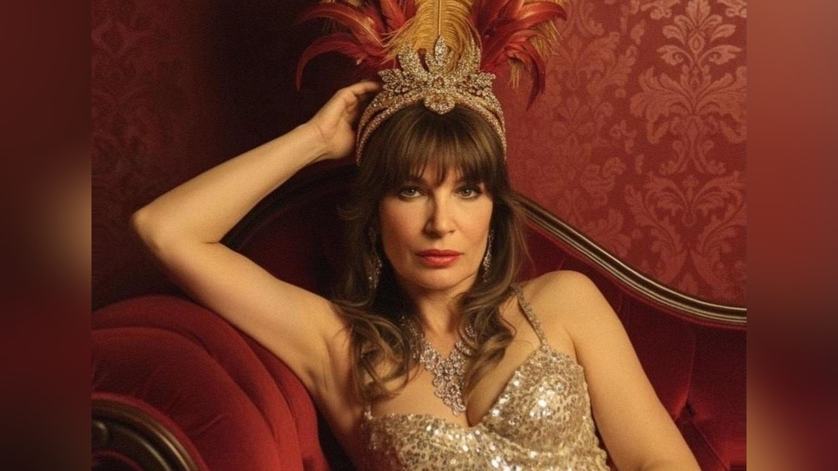 Eine Frau mit langen braunen Haaren sitzt auf einem roten, geschwungenen Polstersofa. Sie trägt ein glitzerndes, goldfarbenes Oberteil, eine auffällige Halskette und eine mit Federn verzierte Kopfbedeckung. Einen Arm hat sie angewinkelt hinter den Kopf gelegt. Im Hintergrund ist eine dunkelrote Wand mit ornamentalem Muster zu sehen.
