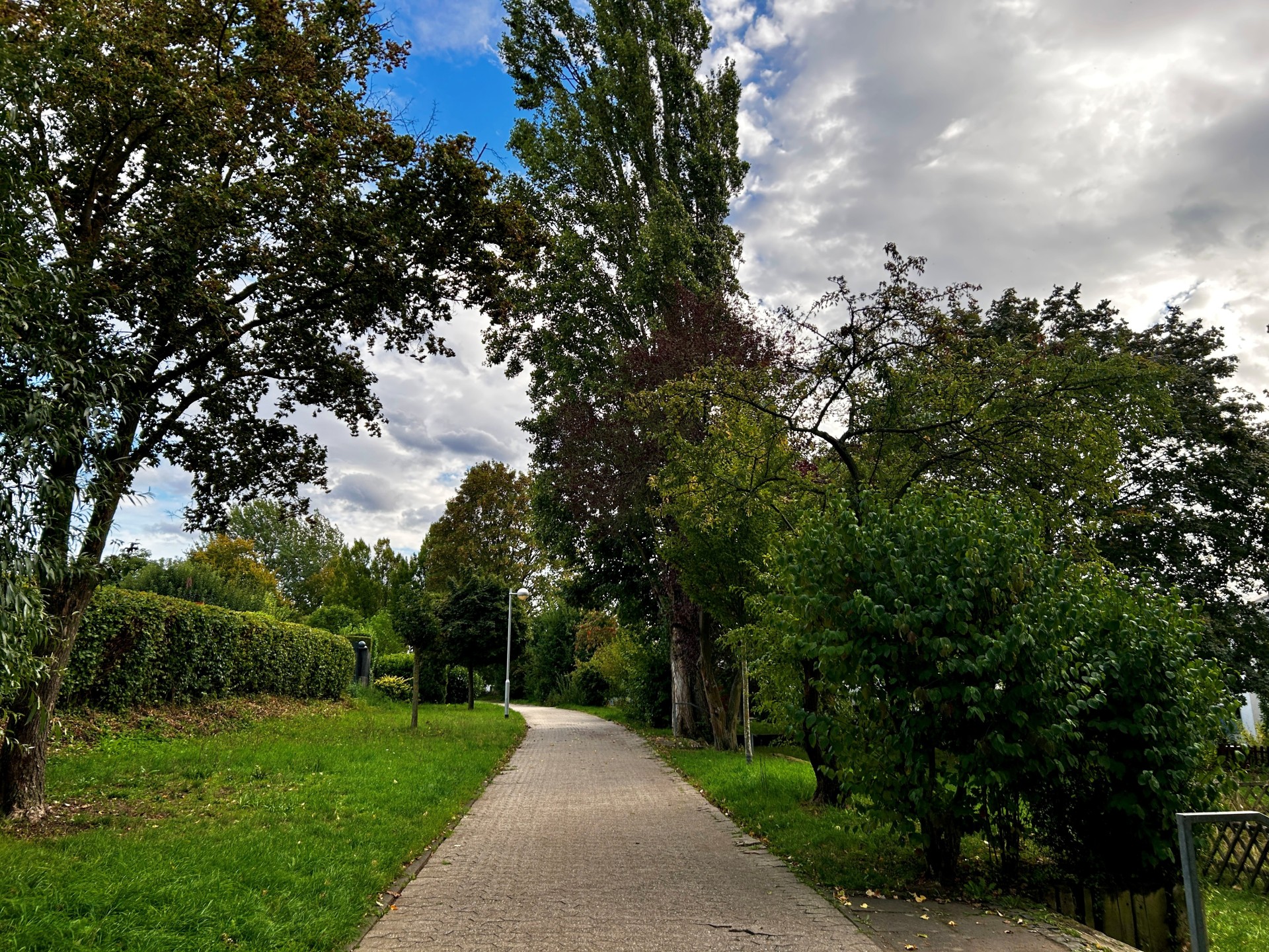 Gepflasterter Weg in einer begrünten Wohnanlage, gesäumt von Rasenflächen, Hecken und zahlreichen großen Laubbäumen. Entlang des Weges stehen mehrere Laternen. Über den Baumkronen ist ein teilweise bewölkter Himmel mit blauen Abschnitten zu sehen.