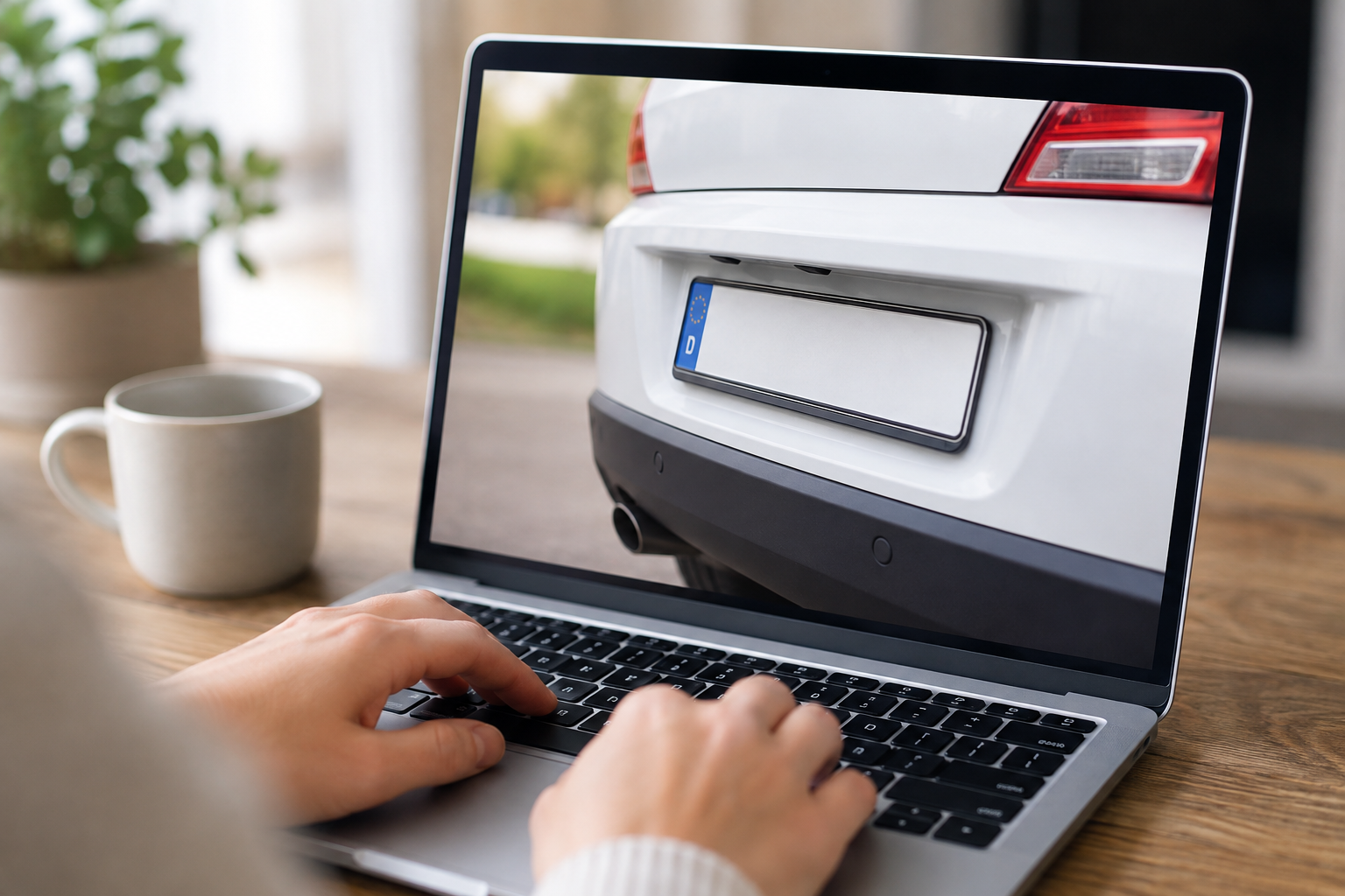 Auf einem Holztisch steht ein geöffneter Laptop, auf dessen Bildschirm das Heck eines weißen Autos mit einem leeren deutschen Kennzeichen zu sehen ist. Im Vordergrund liegen die Hände einer Person auf der Tastatur. Links neben dem Laptop steht eine helle Tasse, im unscharfen Hintergrund ist eine grüne Pflanze zu erkennen.