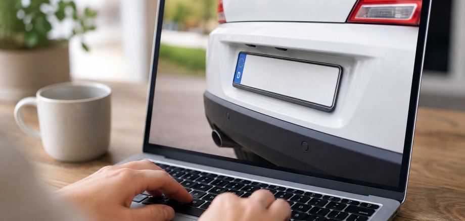 Wunschkennzeichen reservieren Auf einem Holztisch steht ein geöffneter Laptop, auf dessen Bildschirm das Heck eines weißen Autos mit einem leeren deutschen Kennzeichen zu sehen ist. Im Vordergrund liegen die Hände einer Person auf der Tastatur. Links neben dem Laptop steht eine helle Tasse, im unscharfen Hintergrund ist eine grüne Pflanze zu erkennen.