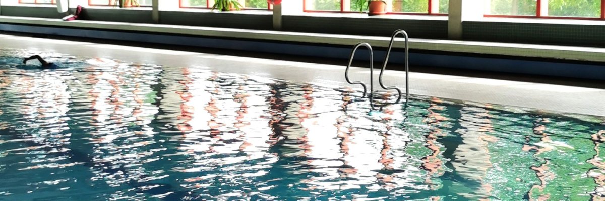Hallenbad Lahnstein Innenansicht eines Hallenbads mit einem großen rechteckigen Schwimmbecken im Vordergrund. Das Wasser ist blau und leicht bewegt, auf der Oberfläche spiegeln sich die hohen Fenster. Am gegenüberliegenden Beckenrand befindet sich eine Metallleiter. Entlang der Wand verläuft eine lange Fensterfront mit roten Rahmen, durch die Bäume und Grünflächen zu sehen sind. Zwischen den Fenstern hängen ein roter Rettungsring und ein Hinweisschild zur Wassertiefe. Mehrere Topfpflanzen stehen auf den Fensterbänken. Wände und Decke sind teilweise mit dunklen Holzlamellen verkleidet.