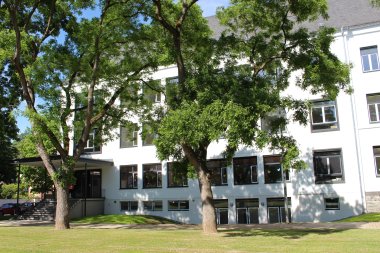 Stadtarchiv Lahnstein Ein hell verputztes, mehrstöckiges Gebäude mit zahlreichen Fenstern steht hinter einer großen Rasenfläche. Mehrere hohe Laubbäume prägen den Vordergrund und werfen Schatten auf das Gras. Links führt eine breite Treppe mit Geländern zu einem überdachten Eingang. Der Himmel ist blau und wolkenlos.