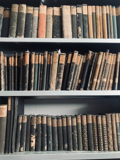 Stadtarchiv Lahnstein Drei Regalböden mit zahlreichen alten Büchern unterschiedlicher Größe. Die Einbände sind stark gealtert, teilweise beschädigt oder verblasst. Viele Buchrücken tragen handschriftliche oder gedruckte Rückenschilder. Die Bücher stehen dicht nebeneinander und zeigen deutliche Gebrauchsspuren.