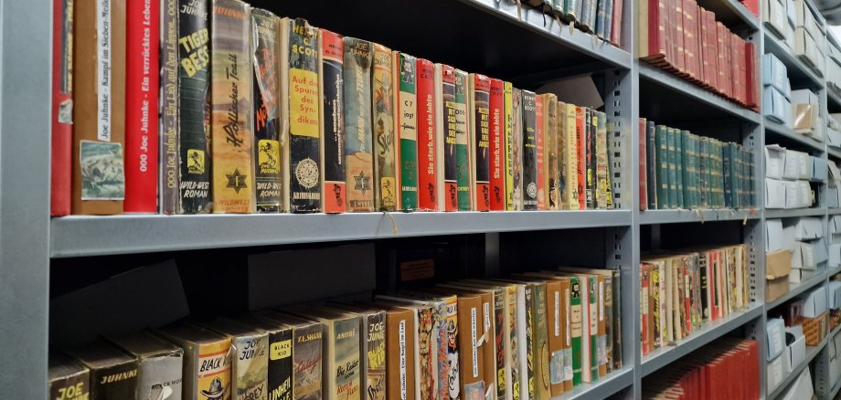 Mehrere dicht gefüllte Metallregale mit Büchern in einem Magazinraum. In den Regalen stehen unterschiedlich große Bücher mit farbigen Einbänden, darunter viele ältere Ausgaben und gebundene Zeitschriften. Rechts sind zusätzlich Archivkartons und weitere Bände untergebracht. Der Blick verläuft entlang der Regalreihen.