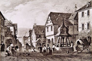 Historische Stadtansicht Lahnstein Historische Stadtansicht als Schwarz-Weiß-Grafik. In einer Straße mit Fachwerk- und Steinhäusern steht ein überdachter Ziehbrunnen. Mehrere Menschen unterhalten sich oder gehen ihrer Arbeit nach, außerdem sind Pferde, Hunde und ein Planwagen zu sehen.