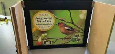 Aufgeklapptet Kamishibai-Erzähltheater mit einem Vogel und Geäst vor grünem Hintergrund, thematisch zu Natur mit Aufschrift "Amsel, Drossel, Fink und Star