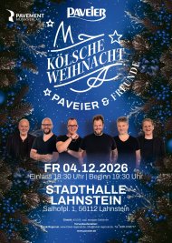 Kölsche Weihnacht am 04.12.2026 Blaues Weihnachts-Konzertplakat mit Tannenzweigen und Schneeflocken: „Kölsche Weihnacht – Paveier & Freunde“, mit sechs abgebildeten Musikern; Termin 4. Dezember 2026 in der Stadthalle Lahnstein, Einlass 18:30 Uhr, Beginn 19:30 Uhr.