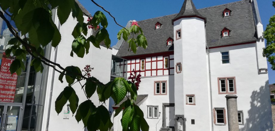 Außenansicht eines historischen Gebäudekomplexes mit weiß verputzten Fassaden und dunklen Schieferdächern unter strahlend blauem Himmel mit grünen Blättern im Vordergrund.