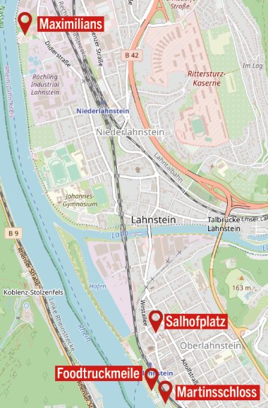 Kartenausschnitt von Lahnstein mit markierten Veranstaltungsorten entlang des Rheinufers. Eingezeichnet sind das Maximilians in Niederlahnstein, der Salhofplatz in Oberlahnstein, die Foodtruckmeile am Rheinufer sowie das Martinsschloss. Die Karte zeigt außerdem die Stadtteile Nieder- und Oberlahnstein, den Verlauf von Rhein und Lahn sowie wichtige Straßen zur Orientierung.