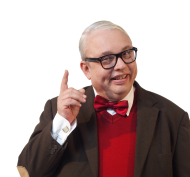 Heinz-Erhardt-Stadtführungen in Lahnstein mit Karl Krämer Ein als Heinz Erhardt verkleideter Mann blickt lächelnd in die Kamera und hebt einen Finger, als wolle er gerade einen geistreichen Gedanken oder ein Gedicht vortragen. Er trägt eine schwarze Brille, rote Fliege, roten Pullover und dunkles Sakko.