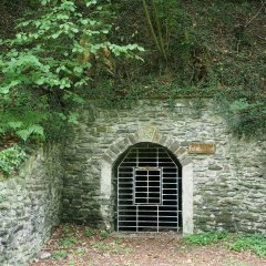 Eingang zu einem früheren Stollen im Bergbaupfad Lahnstein Friedrichssegen Der gemauerte Eingang zu einem ehemaligen Bergwerksstollen, der mit einem Gitter verschlossen ist.
