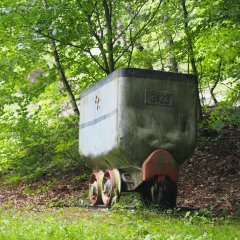 Lore beim Bergbaupfad Lahnstein Friedrichssegen Historischer Grubenwagen auf Schienen im Freien. Die Lore steht auf einem bewachsenen Gelände neben einem Gebäude oder einer Mauer.