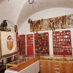 CCO-Fastnachtsmuseum in Schloss Martinsburg Lahnstein Museumsraum mit Gewölbedecke. An den Wänden hängen Schautafeln und Exponate, im Vordergrund steht eine Tafel oder ein Präsentationsständer.