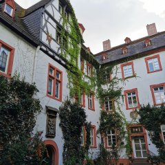 CCO-Fastnachtsmuseum in Schloss Martinsburg Lahnstein Innenhof eines historischen Gebäudekomplexes mit weiß verputzten Fassaden und rot umrandeten Fenstern. Begrünte Wände und Pflanzen prägen die Atmosphäre des Hofes.