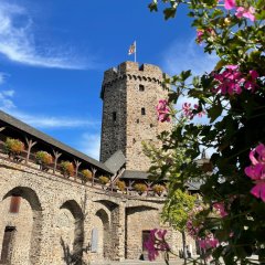 Hexenturm Lahnstein Steinerner Turm, der Hexenturm Lahnstein, mit Stadtmauer vor blauem Himmel. Im Vordergrund sind rosa Blüten und Teile eines Gebäudes zu sehen.