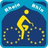 Das blaue Logo des Rheinradwegs mit einem gelben Fahrradsymbol und einem Sternenkranz