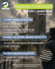Themenführungen Kriminalführungen in Lahnstein Werbeplakat für die Kriminalführungen „Tatort Lahnstein“ mit Winfried Conrad. Im Hintergrund ist eine stimmungsvolle, leicht comicartig gestaltete Altstadtszene mit einem mittelalterlichen Turm, Kopfsteinpflaster und Abendbeleuchtung zu sehen. Rechts steht eine geheimnisvolle Person mit Hut und Mantel, die dem Betrachter den Rücken zuwendet. Das Plakat informiert über verschiedene Themenführungen in Oberlahnstein und Niederlahnstein, „Tatort Oberlahnstein“, „Tatort Niederlahnstein“ sowie „Einmal Fälscher, immer Fälscher?“ über den TV-Manipulator Michael Born. Die Termine reichen von Juli bis Oktober 2026. Ein Hinweis nennt die Themen der Führungen: Verbrechen, Betrug und vergessene Kriminalfälle der Stadtgeschichte. Unten sind die Kontaktdaten der Touristinformation Lahnstein für Anmeldung und weitere Informationen angegeben.