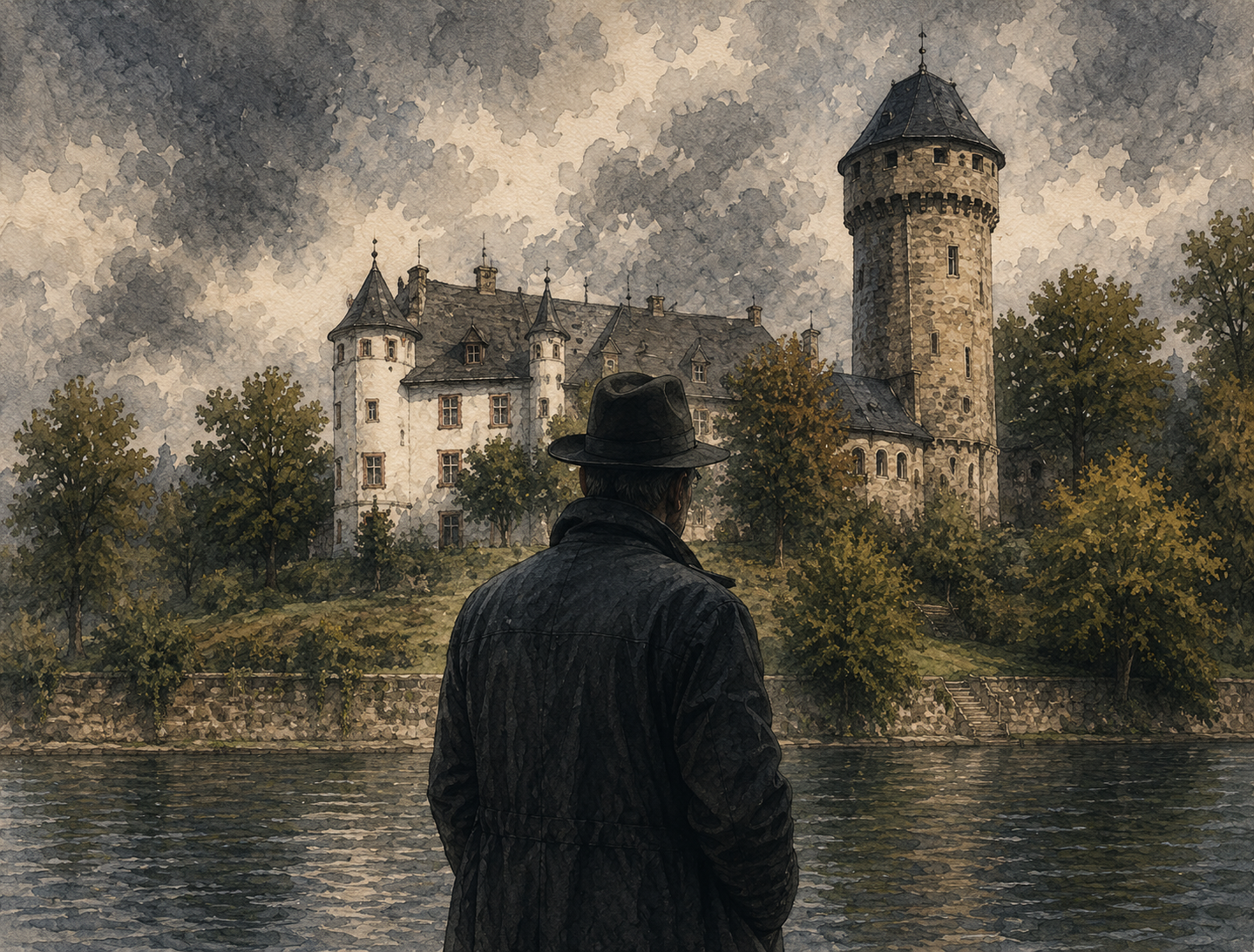 Künstlerisch gestaltete Illustration einer geheimnisvollen Szene am Lahnufer in Lahnstein. Im Vordergrund steht ein dunkel gekleideter Mann mit Hut, von hinten zu sehen, und blickt über den Fluss auf das gegenüberliegende Ufer. Dort erhebt sich zwischen Bäumen ein historisches Schloss mit mehreren Türmen und einem markanten hohen Rundturm. Der bewölkte, düstere Himmel und die gedeckten Farben verleihen dem Bild eine spannungsvolle, an eine Kriminalgeschichte erinnernde Atmosphäre.