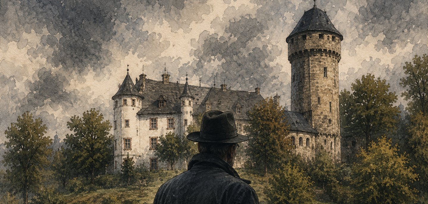 Künstlerisch gestaltete Illustration einer geheimnisvollen Szene am Lahnufer in Lahnstein. Im Vordergrund steht ein dunkel gekleideter Mann mit Hut, von hinten zu sehen, und blickt über den Fluss auf das gegenüberliegende Ufer. Dort erhebt sich zwischen Bäumen ein historisches Schloss mit mehreren Türmen und einem markanten hohen Rundturm. Der bewölkte, düstere Himmel und die gedeckten Farben verleihen dem Bild eine spannungsvolle, an eine Kriminalgeschichte erinnernde Atmosphäre.