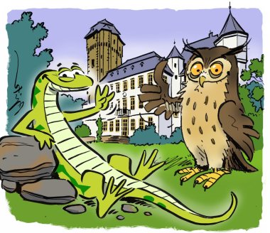Illustration der Figuren Uwe die Smaragdeidechse und Uhu Theodor von Klamm vor dem Schloss Martinsburg in Lahnstein: Der Comic-Uhu Theodor steht mit zu einem "Daumen hoch" ausgebreitetem Flügel auf einer Wiese, während die grüne Eidechse Uwe daneben sitzt und freundlich gestikuliert. Im Hintergrund erhebt sich die historische Martinsburg mit ihren markanten Türmen. Die Zeichnung dient als kindgerechte Begleitung des Historischen Themenwegs Lahnstein.